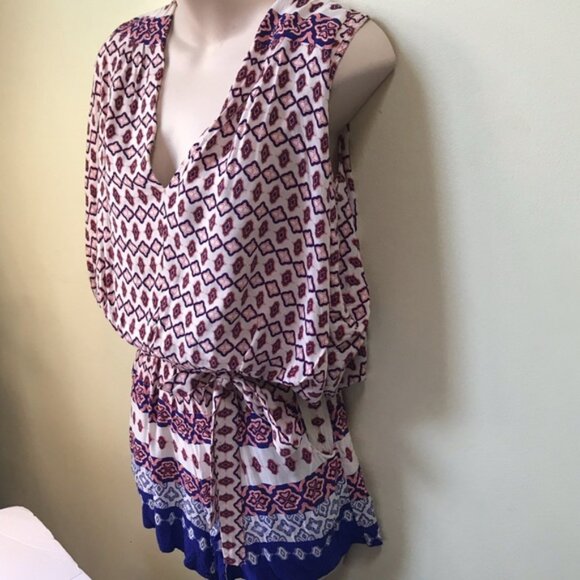 AVA New Shorts Romper Boho Print Jumpsuit V-Neck Festival Belt Neutral Summer S - Picture 2 of 11